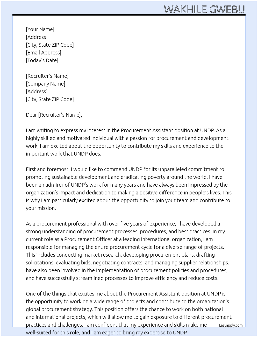 Procurement Assistant At UNDP Cover Letter