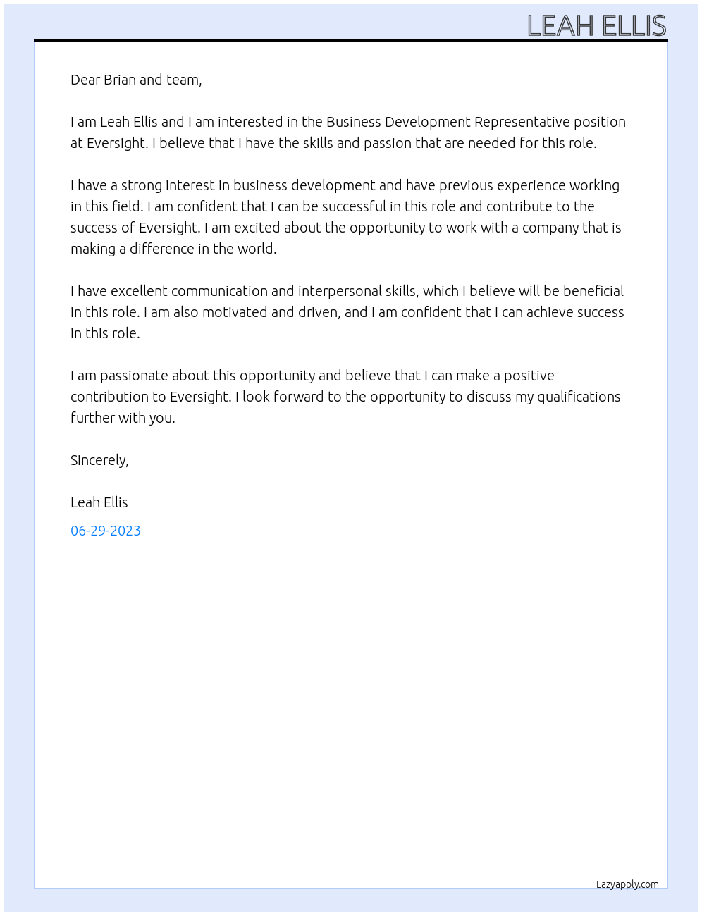 Business Development Representative At Eversight Cover Letter