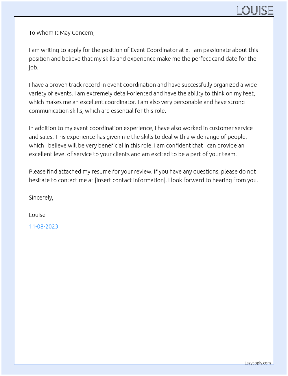 Event coordinator At x Cover Letter