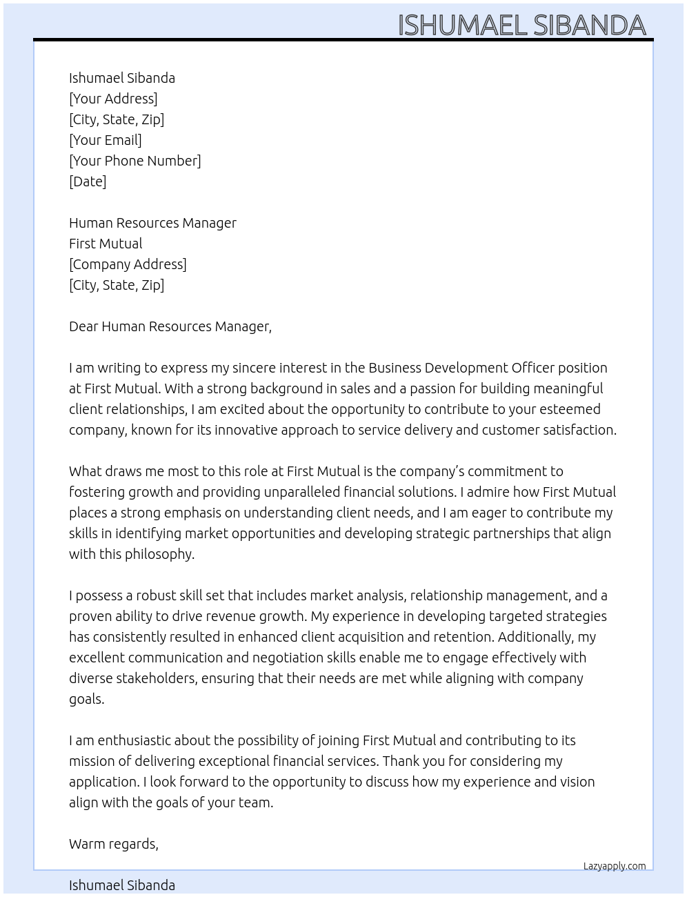 Business development officer At First Mutual Cover Letter