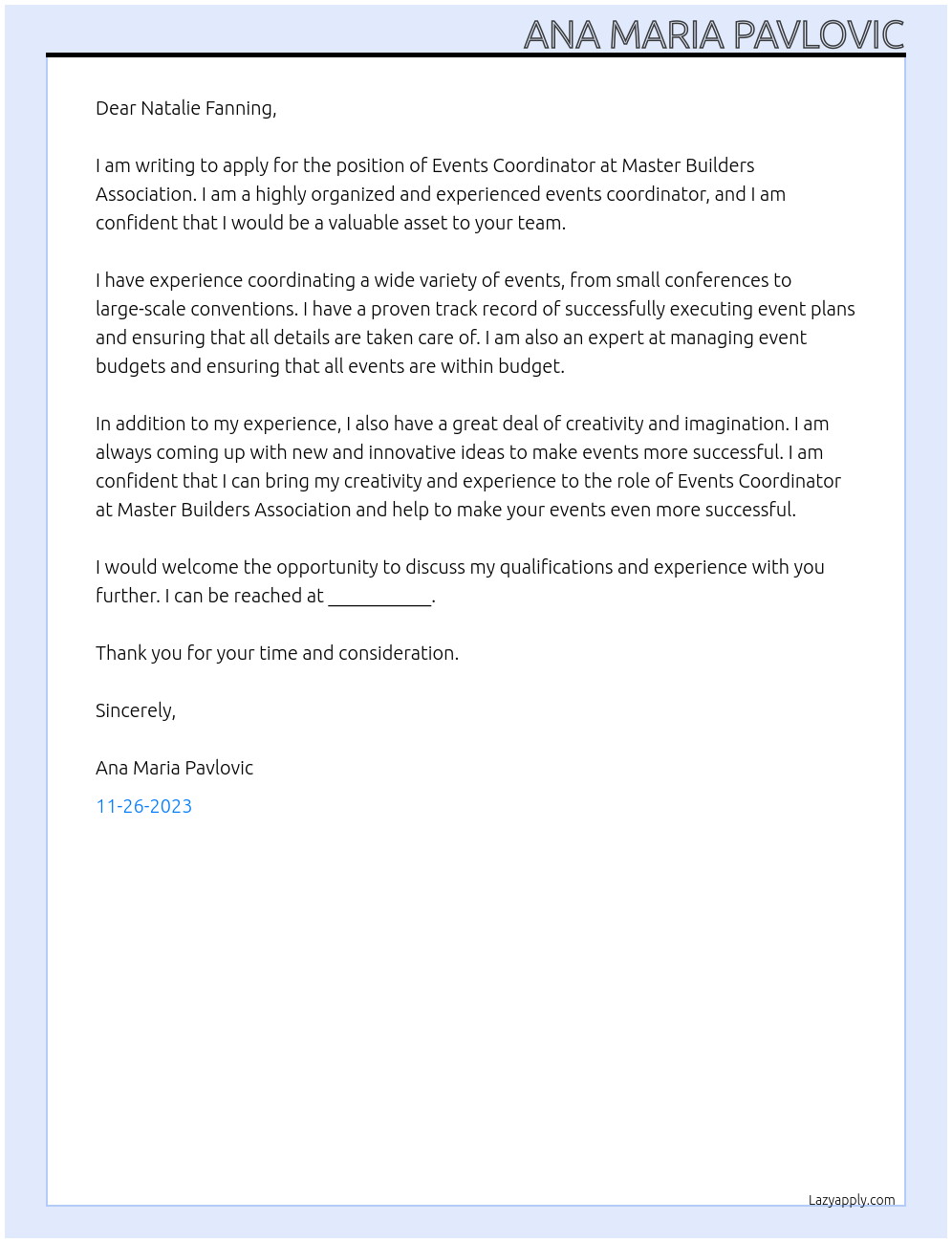 Events Coordinator At Master Builders Association Cover Letter