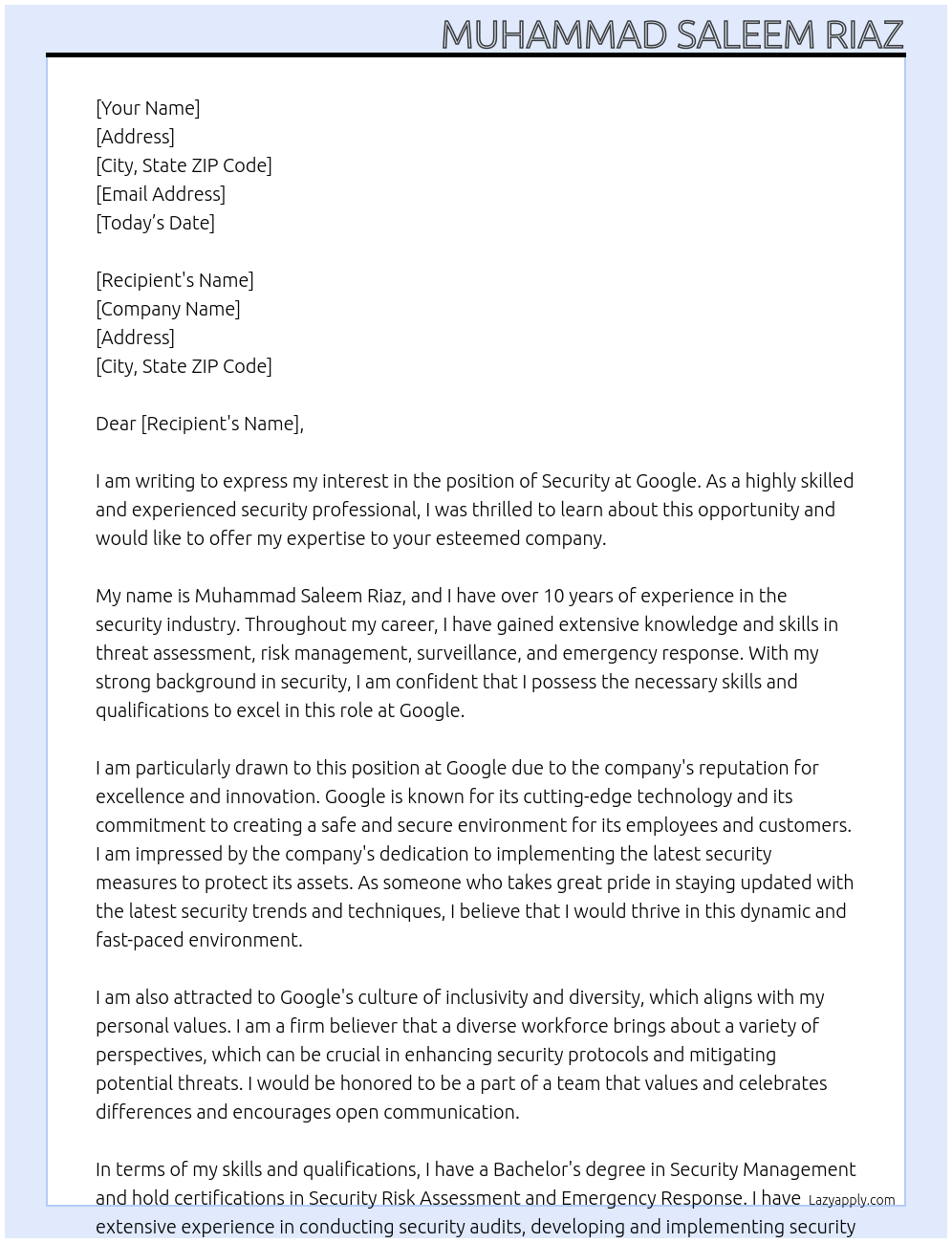 Security At Google Cover Letter