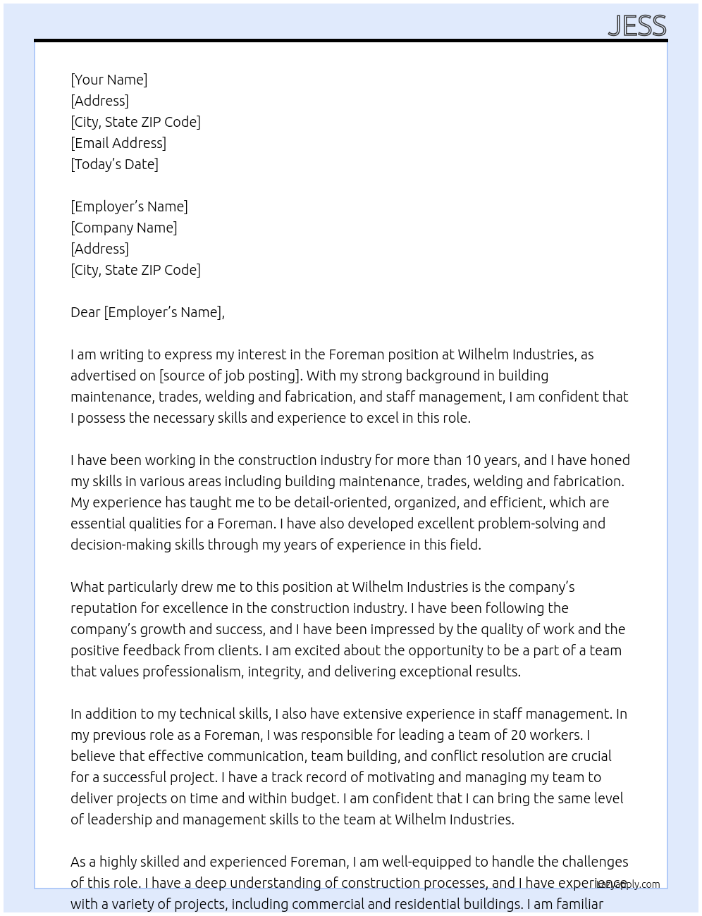 Foreman At Wilhelm Insustries Cover Letter