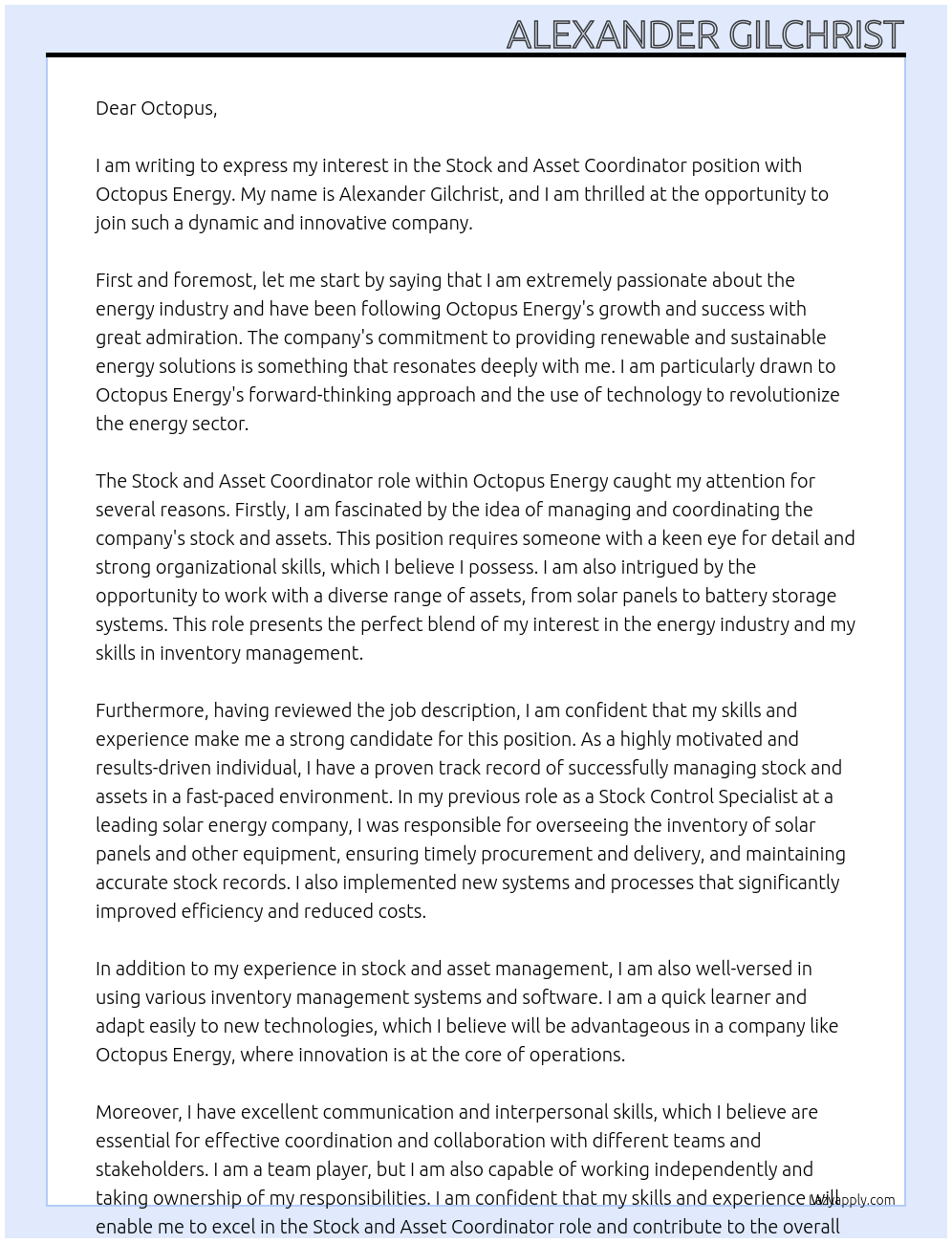 Stock and Asset Coordinator At Octopus Energy Cover Letter