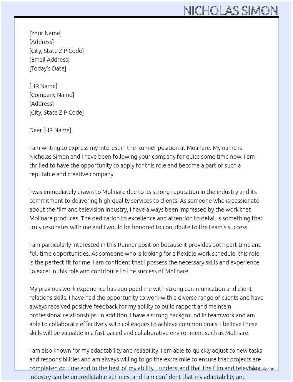 Runner At Molinare Cover Letter