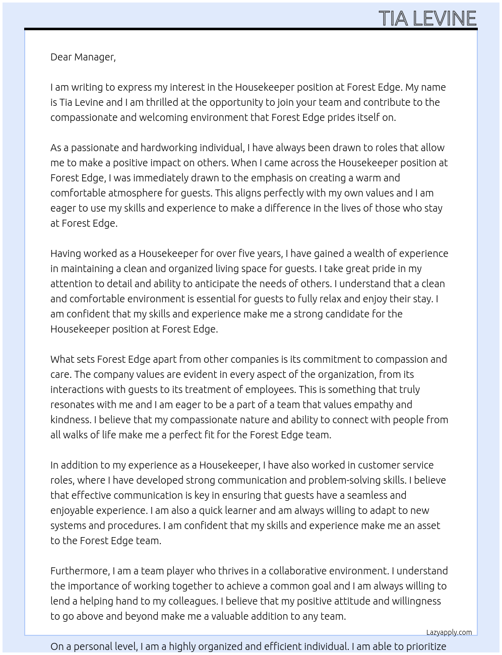 Housekeeper At Forest Edge Cover Letter