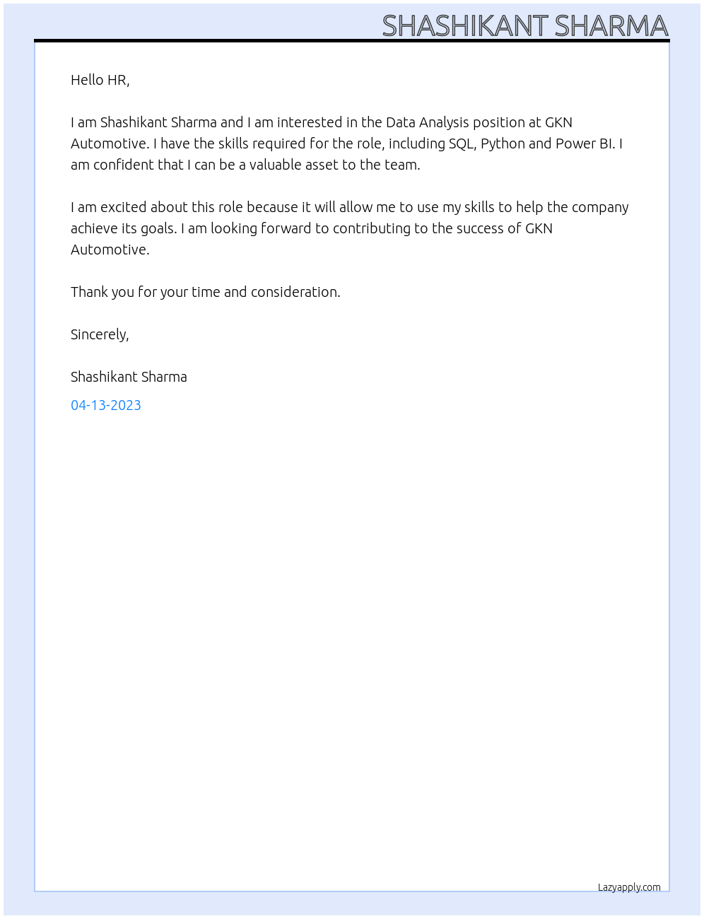 Data Analysis At GKN Automotive Cover Letter