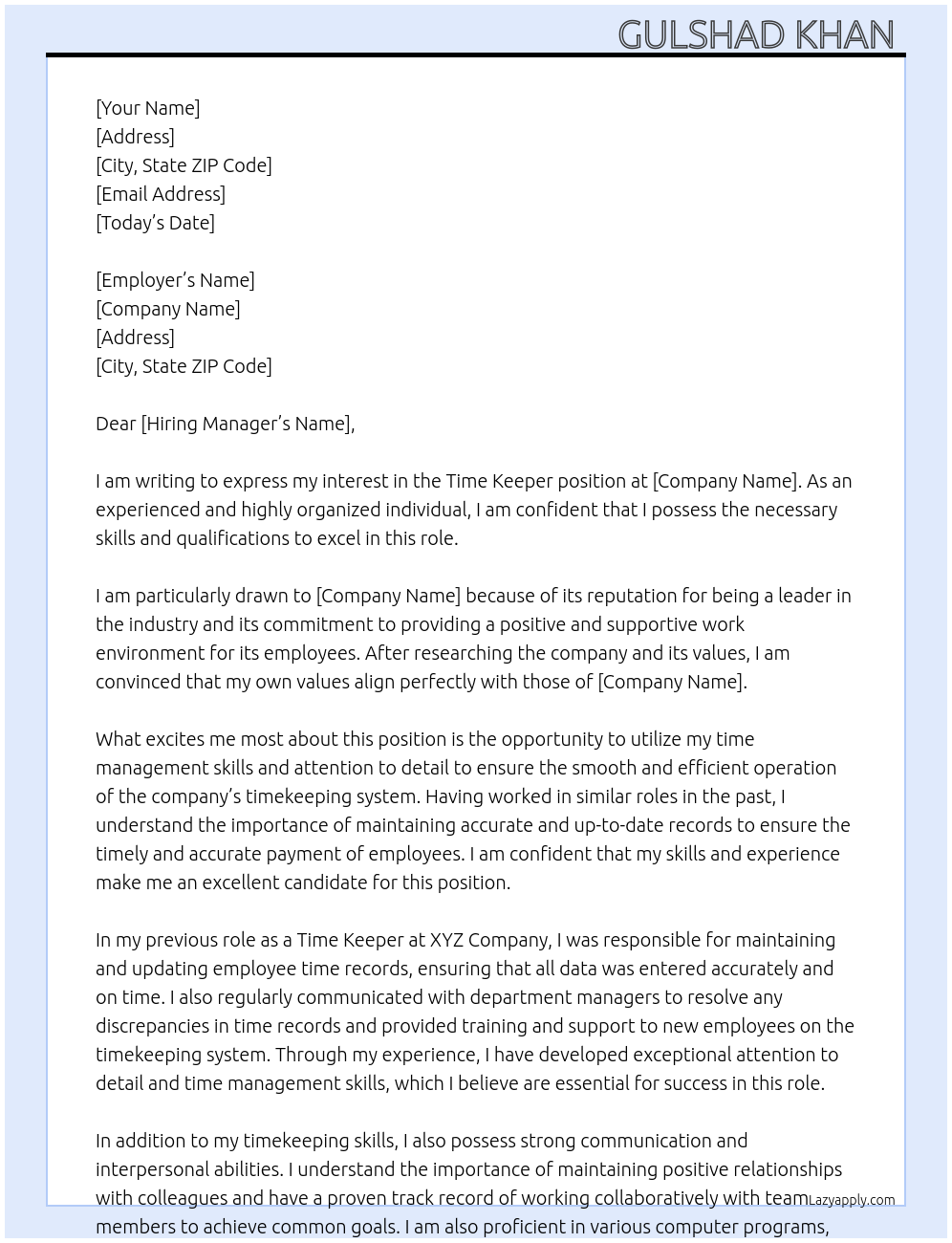 Time keeper  At Company  Cover Letter