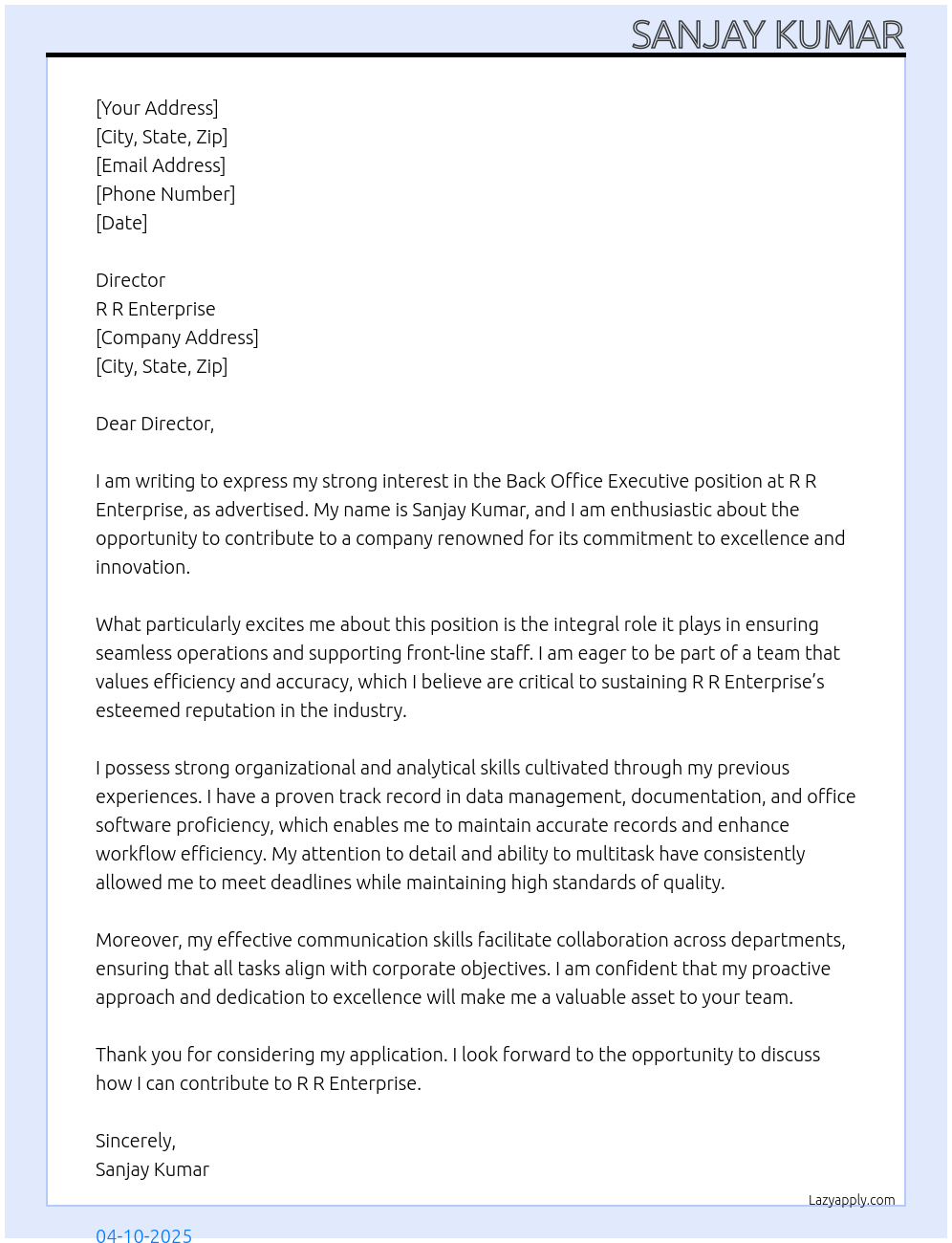 back office executive At R R ENTERPRISE Cover Letter