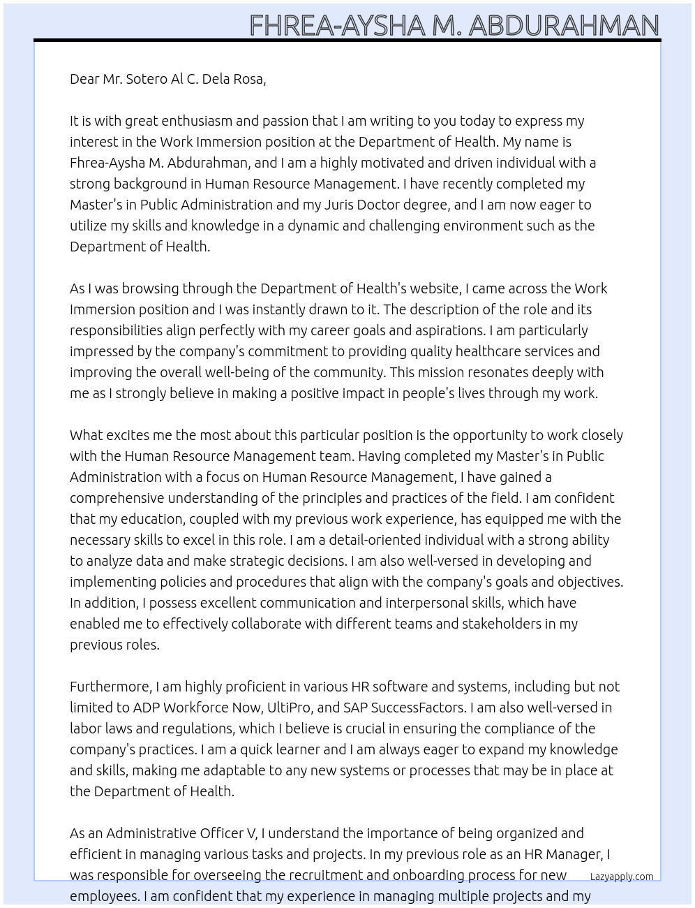 Work Immersion At Department Of Health Cover Letter