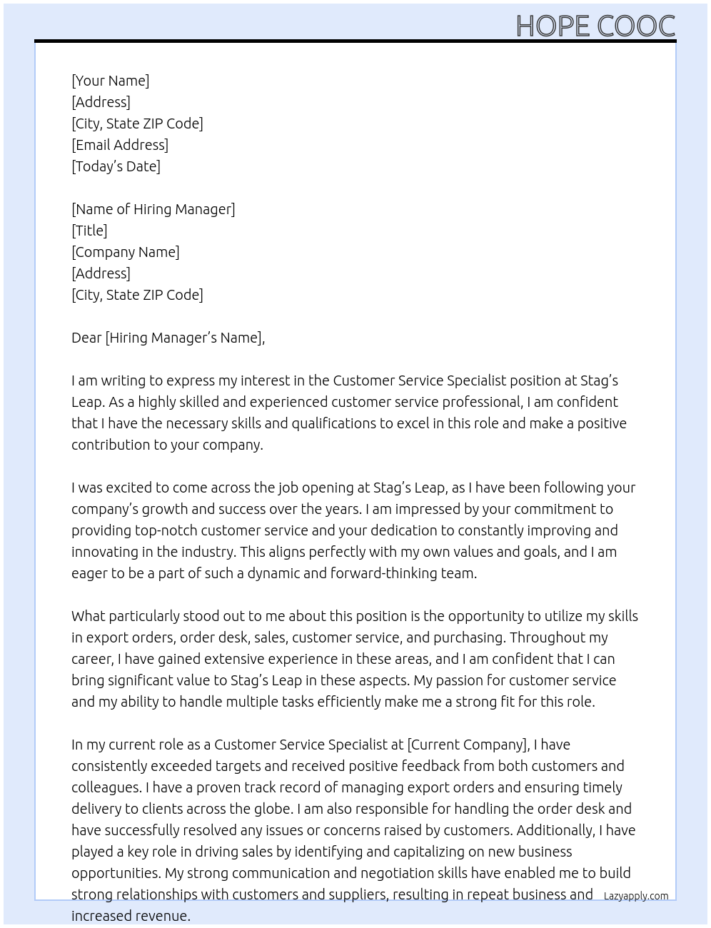 Customer Service Specialist At Stag’s Leap Cover Letter