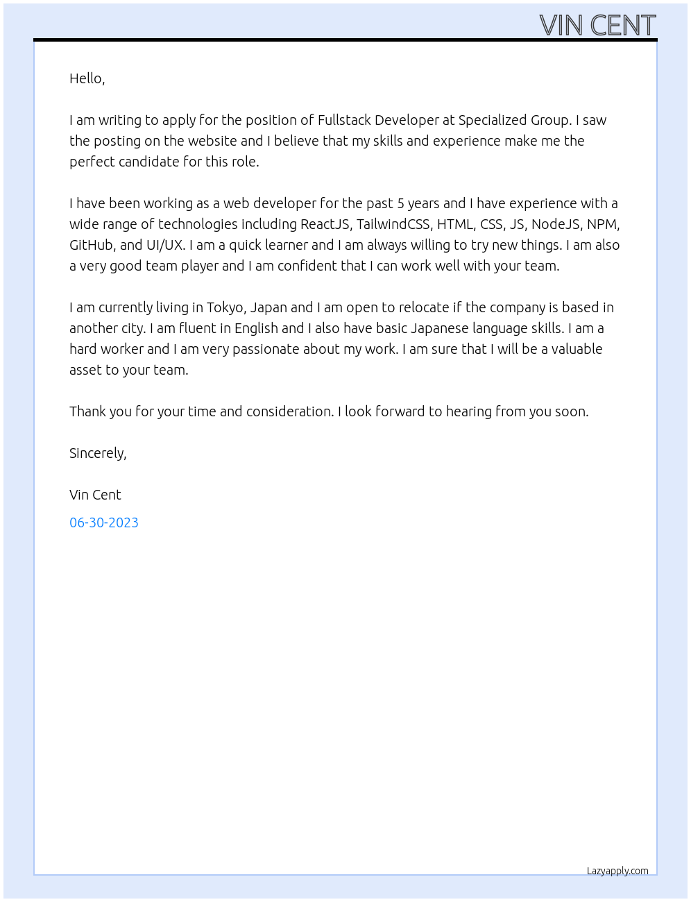 Fullstack Developer At Specialized Group Cover Letter