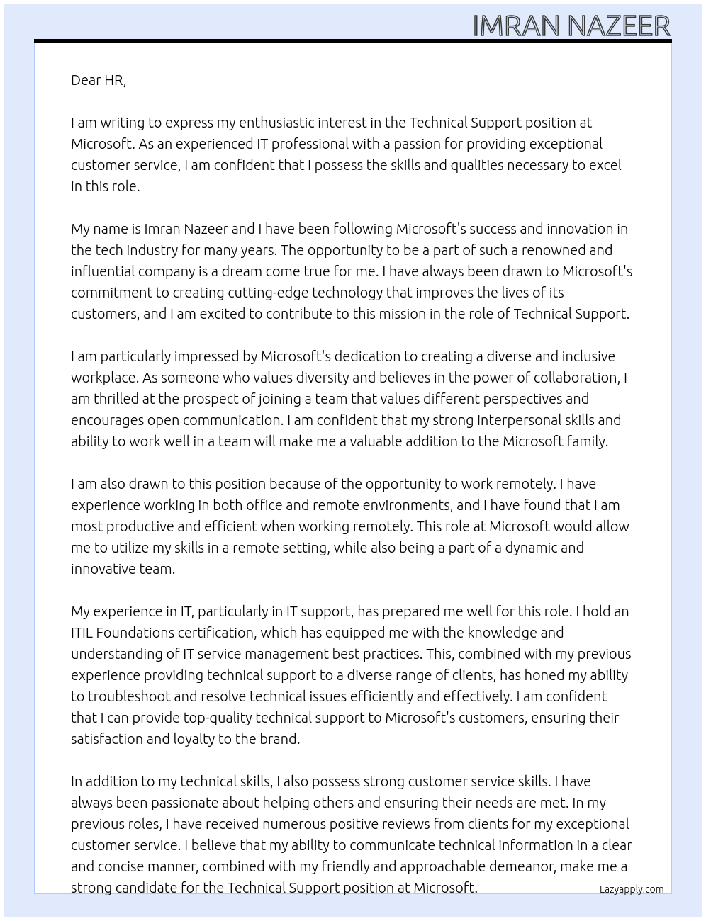 Technical Support At Microsoft Cover Letter