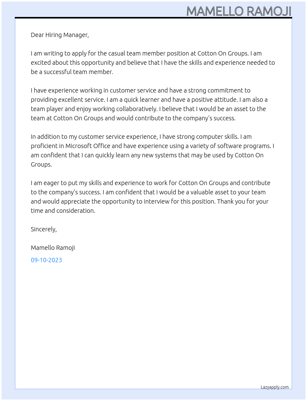 casual team member At Cotton On Groups Cover Letter