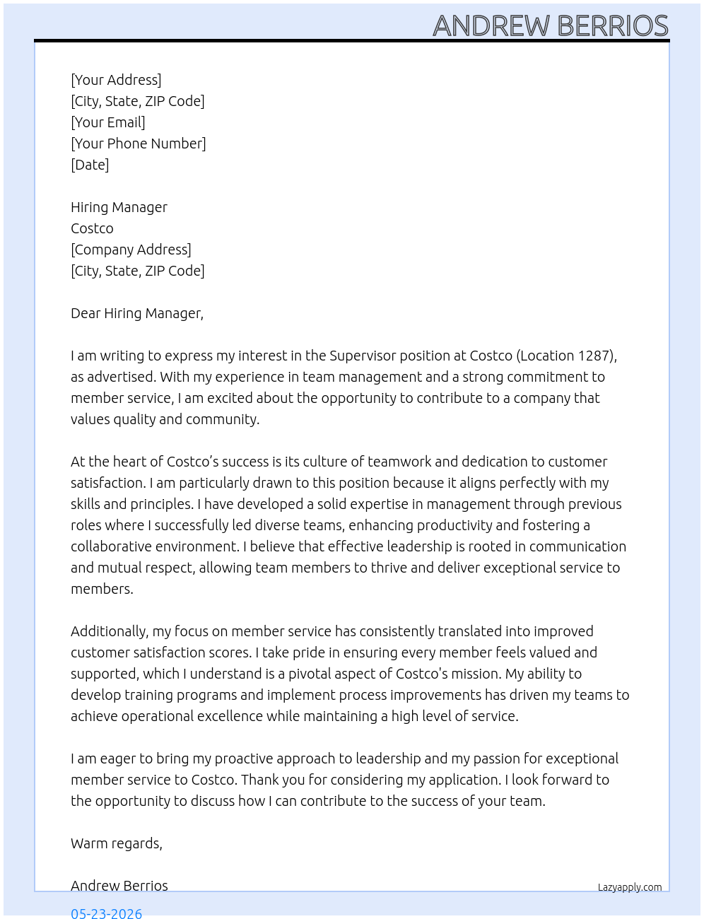Supervisor At Costco Cover Letter
