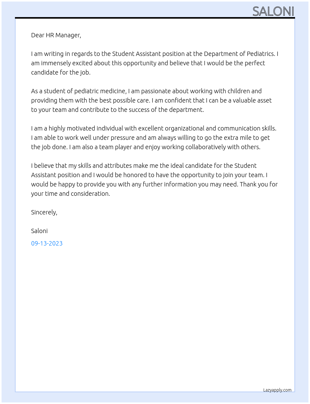 Student Assistant At Department of Pediatrics Cover Letter