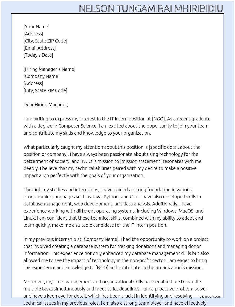 IT intern At NGO Cover Letter