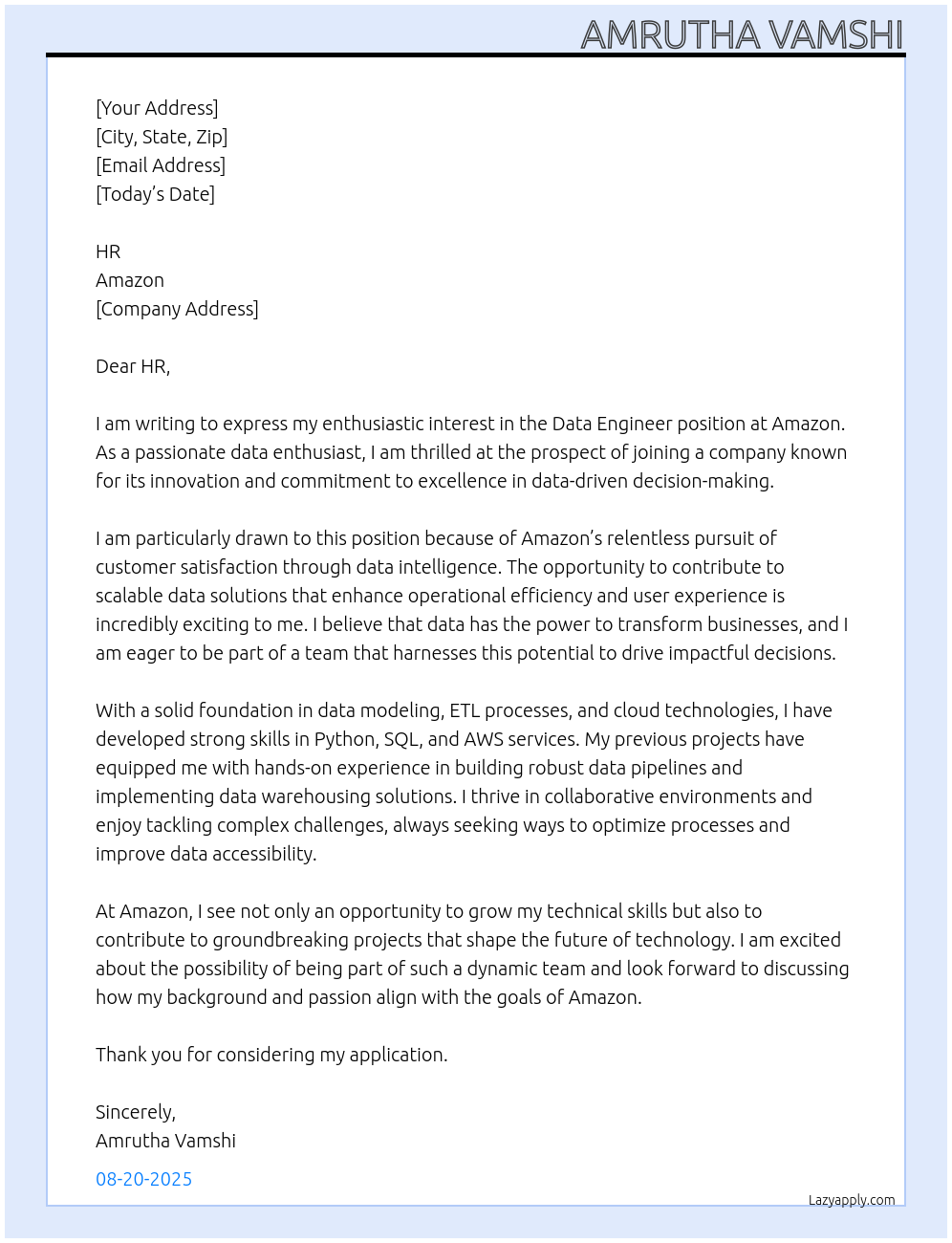 Data engineer At Amazon Cover Letter