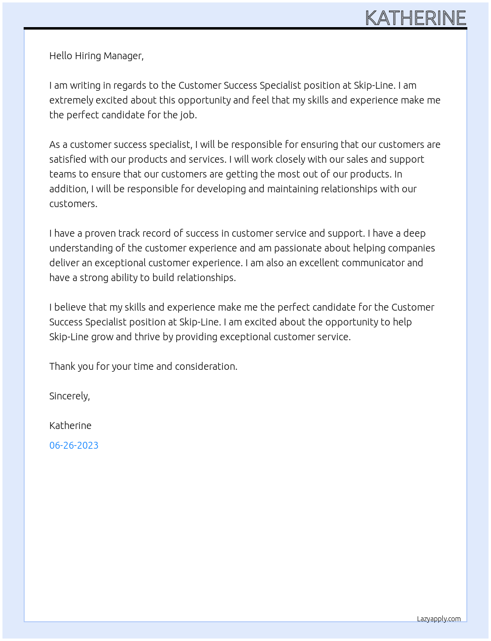 Customer Success Specialist At Skip-Line Cover Letter
