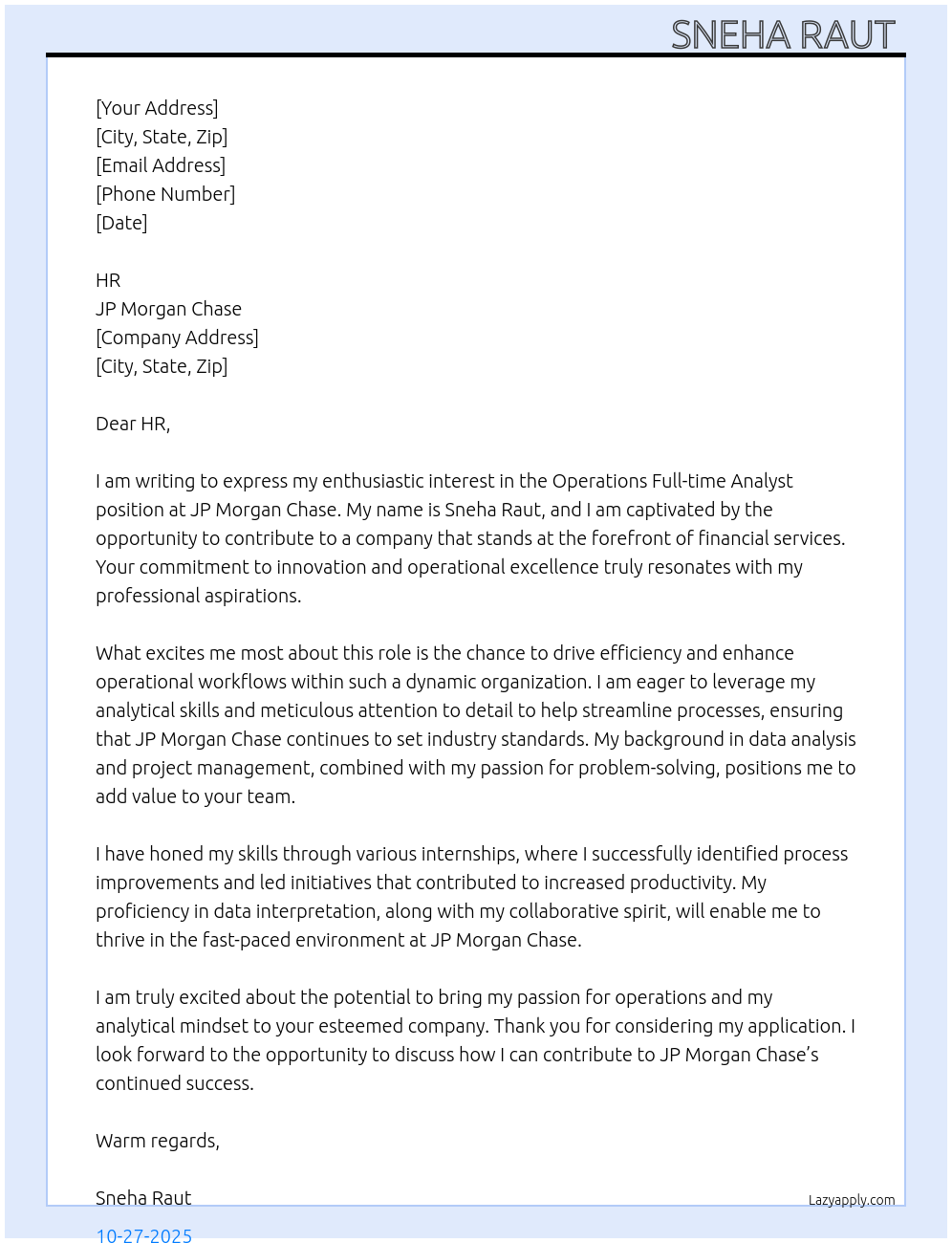 Operations Full-time Analyst At JP Morgan Chase Cover Letter