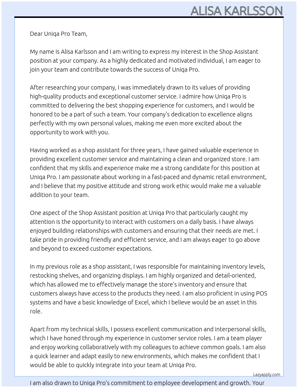 Shop assistant At uniqa pro Cover Letter