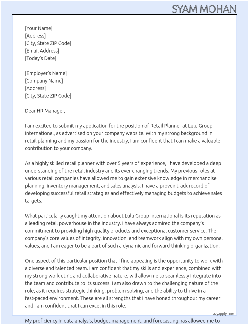 Cover letter for retail planner - LazyApply