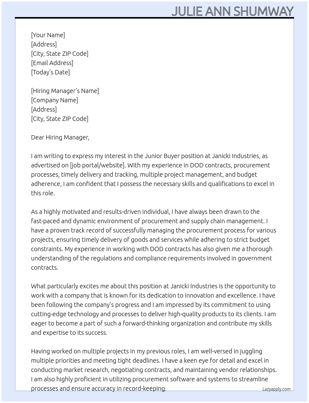 Junior Buyer At Janicki Industries Cover Letter