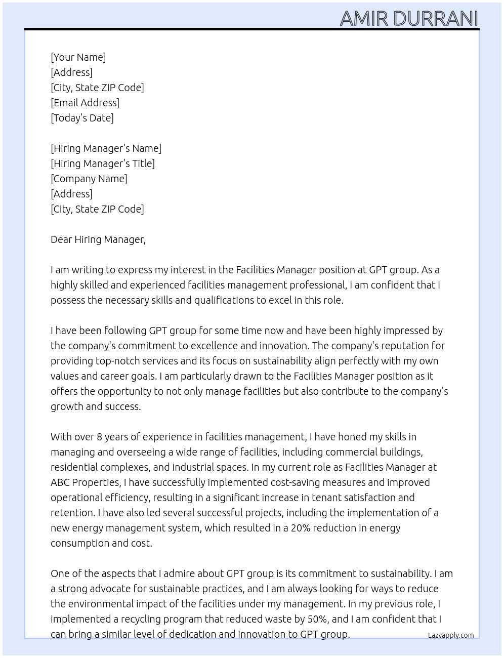 Facilities Manager At GPT group Cover Letter