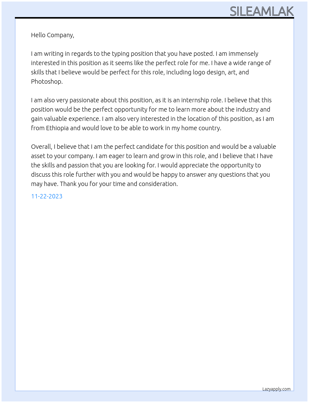 typing At company Cover Letter