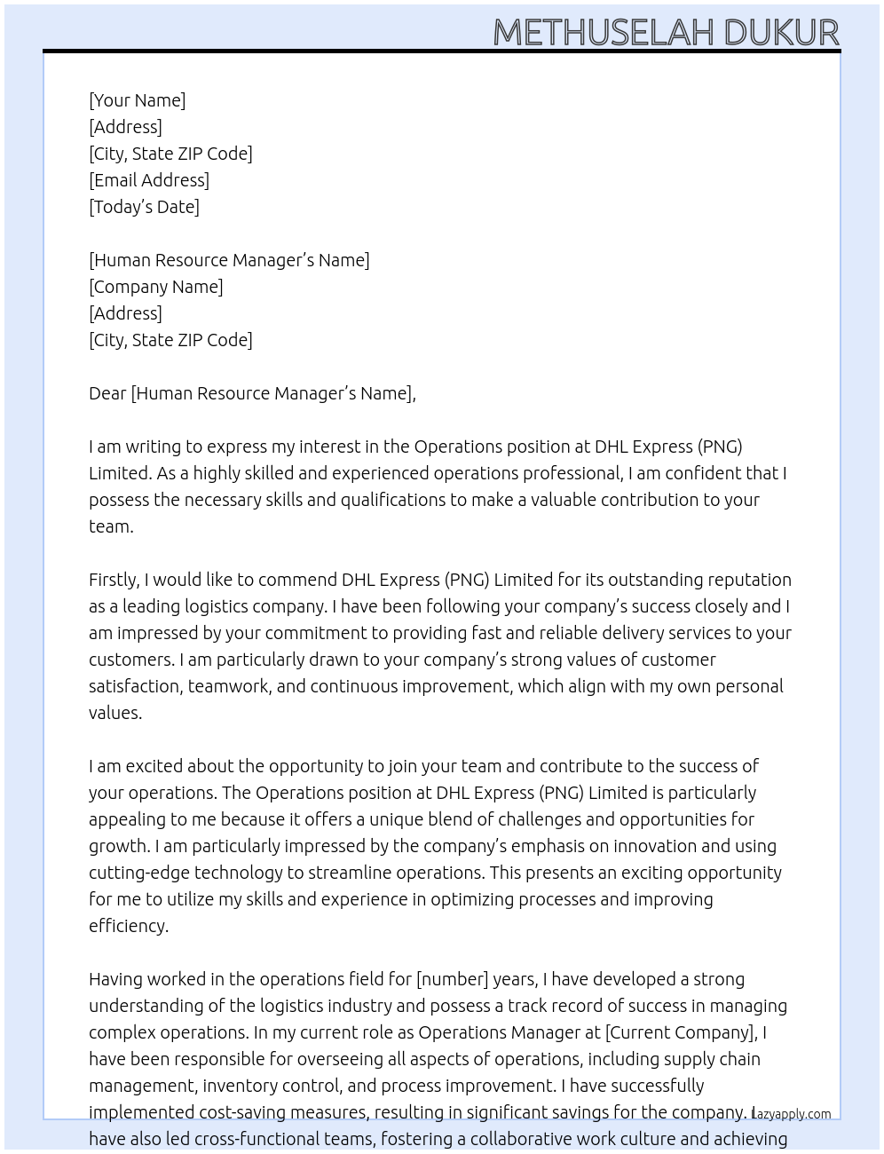 Operations  At DHL Express (PNG) Limited  Cover Letter