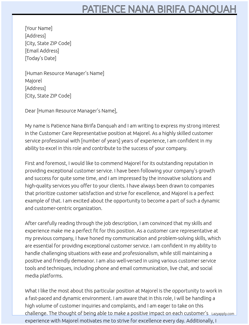 Customer care representative  At Majorel Cover Letter