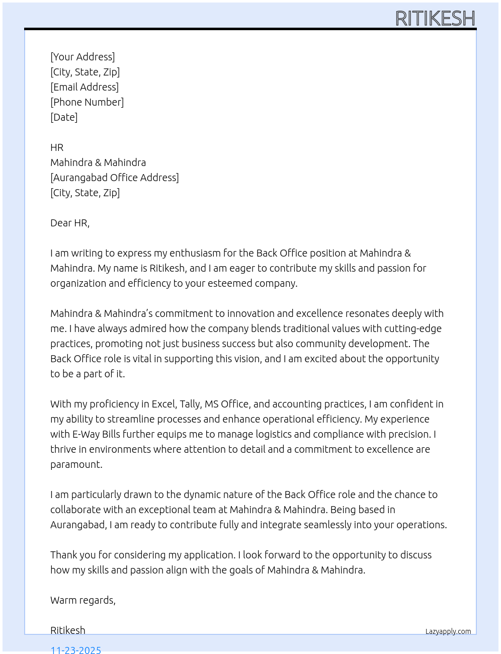 Cover letter for back office - LazyApply