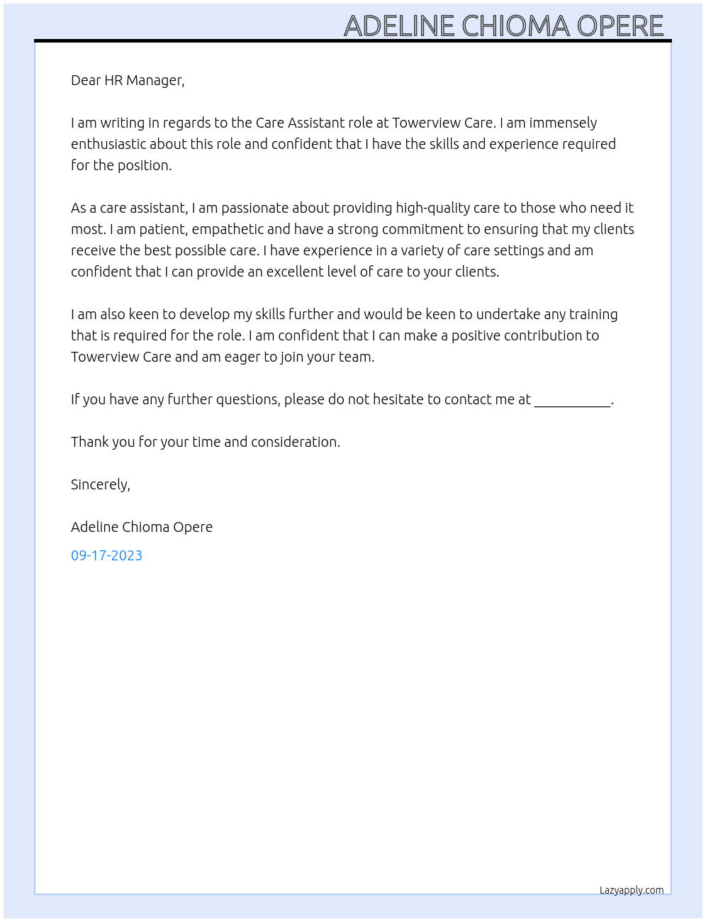 Care Assistant  At Towerview Care  Cover Letter