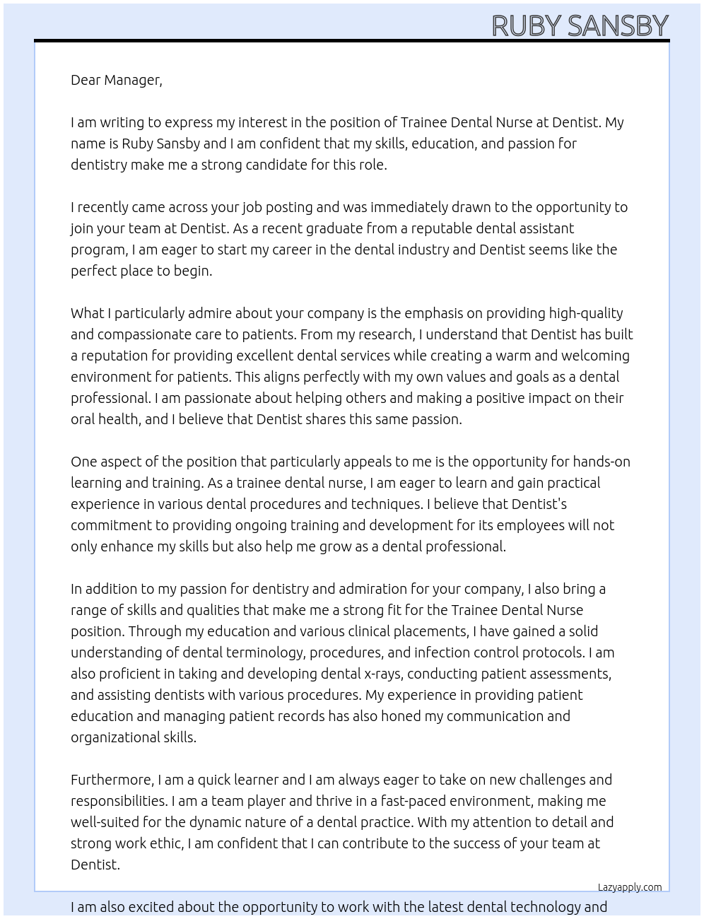 trainee dental nurse At Dentist Cover Letter