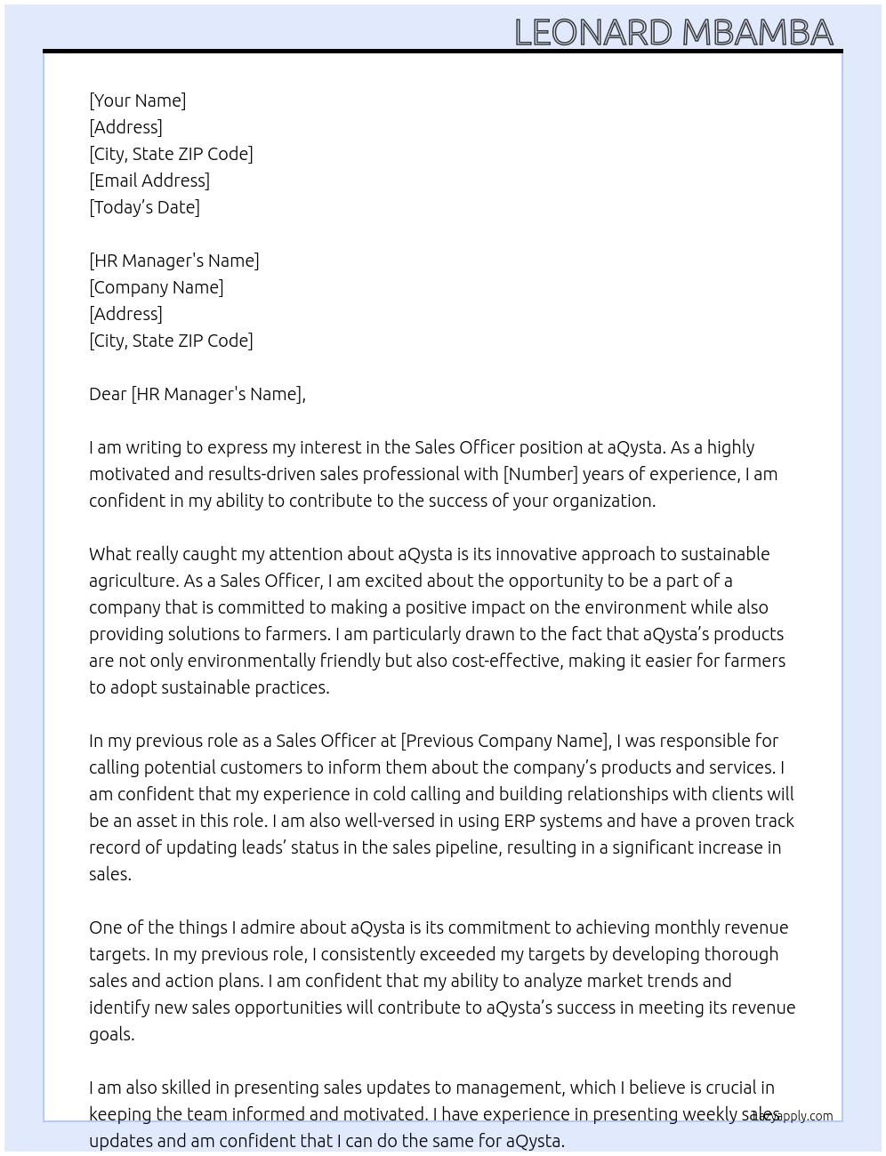 Sales Officer At aQysta Cover Letter