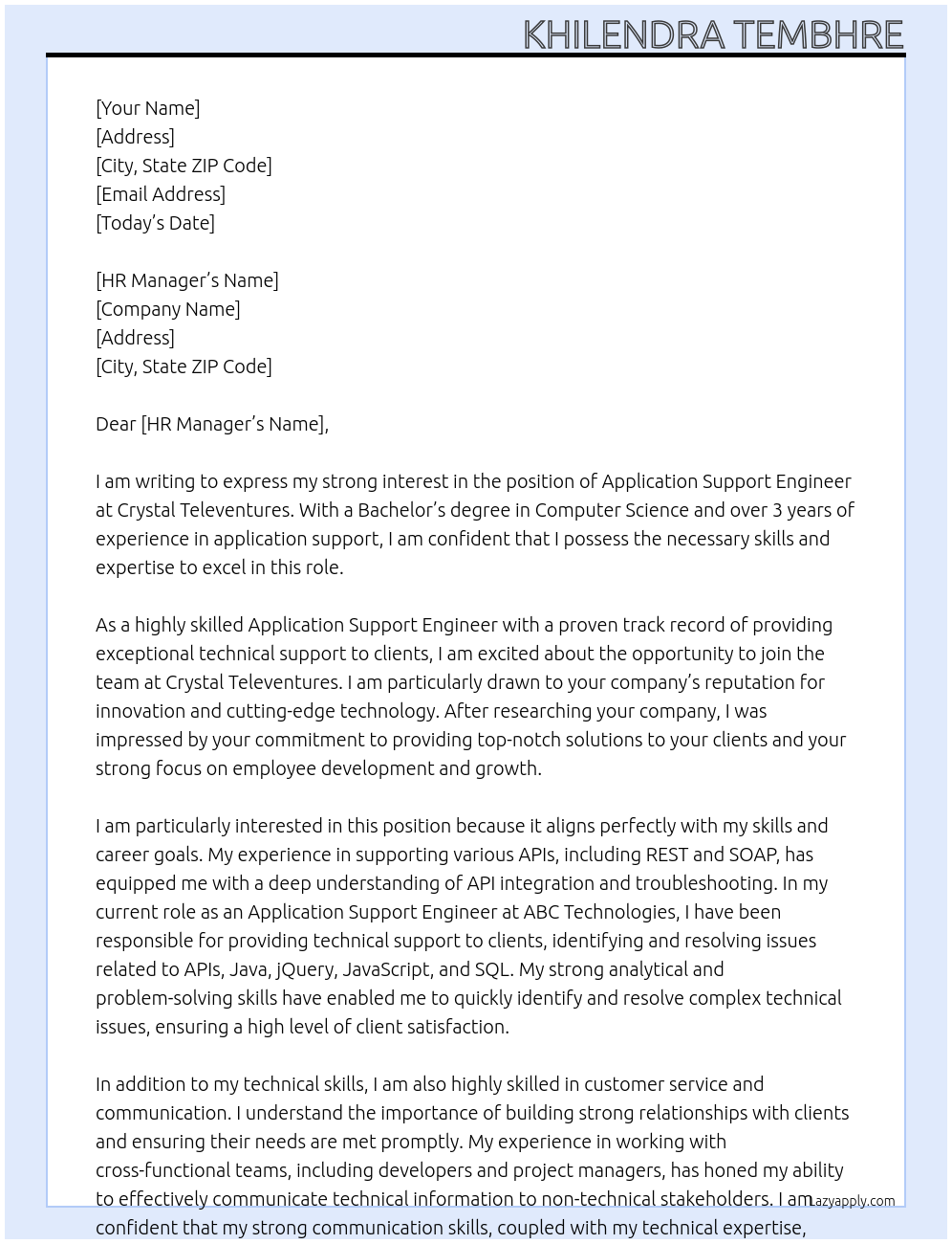 Application Support Engineer At Cystal Televentures Cover Letter