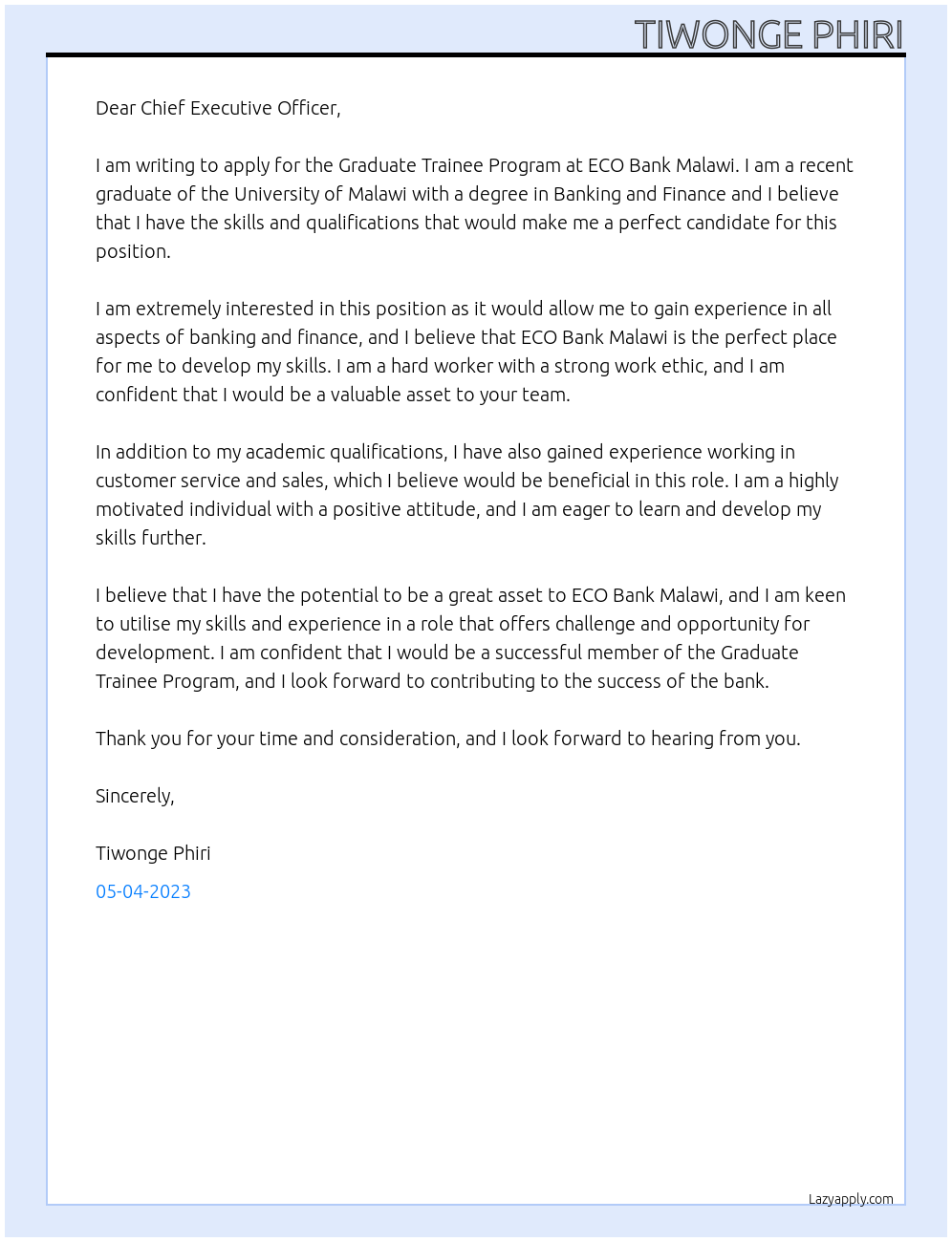 Graduate Trainee Program At ECO Bank Malawi Cover Letter