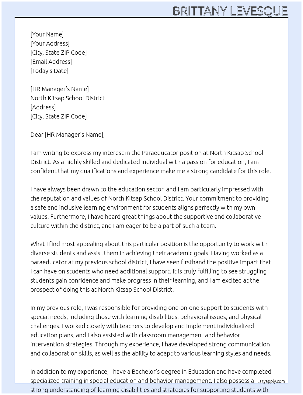 Paraeducator At North Kitsap School District Cover Letter