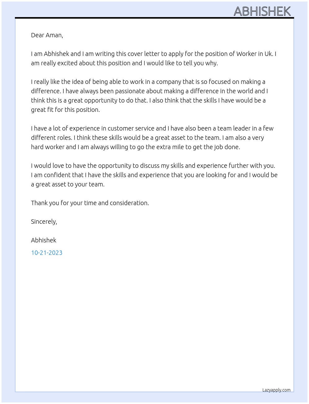 Worker At Uk Cover Letter