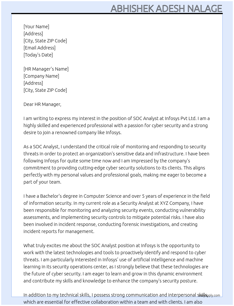 SOC Analyst At Infosys pvt ltd Cover Letter