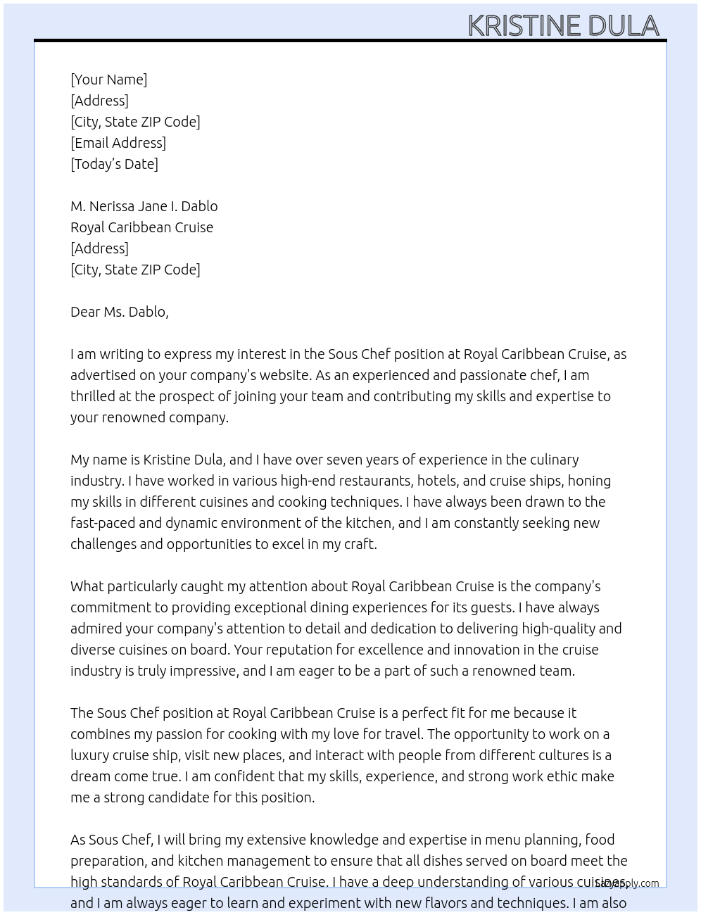 Sous chef At Royal Caribbean Cruise  Cover Letter