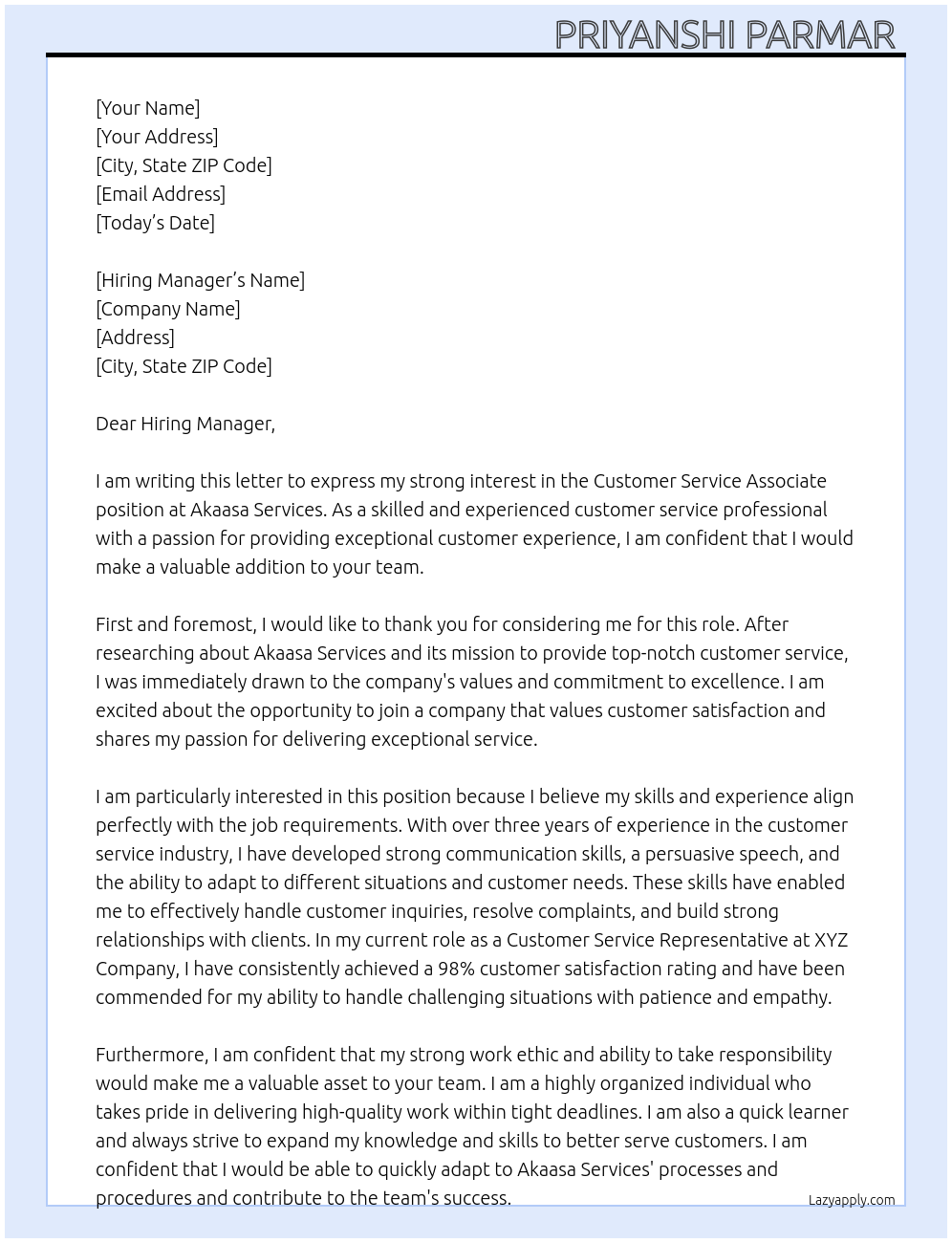 Customer service associate At Akaasa services Cover Letter