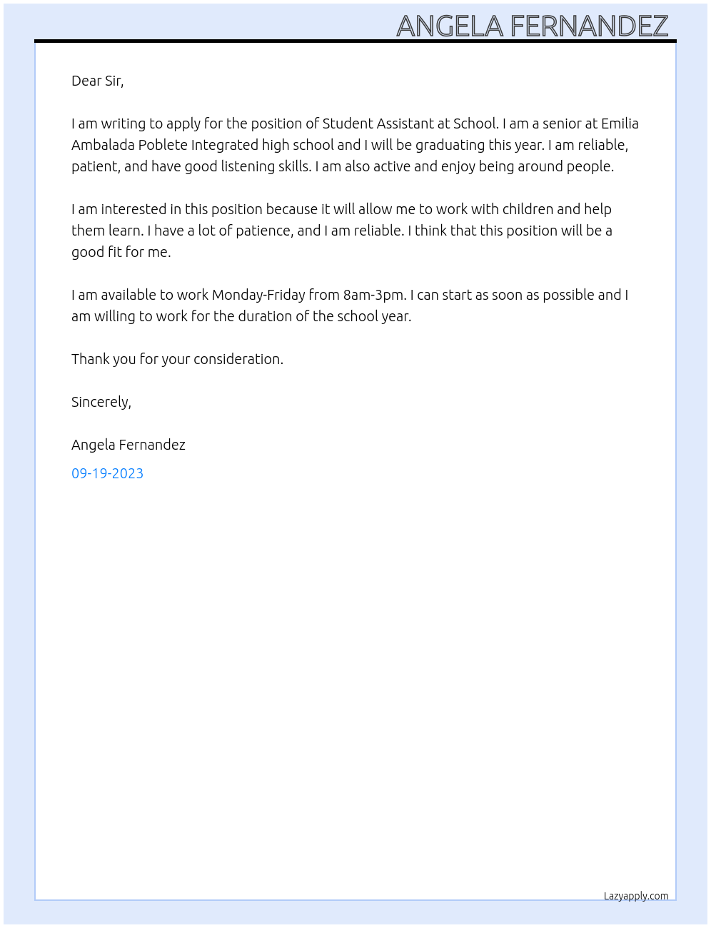 Student assistant  At School  Cover Letter