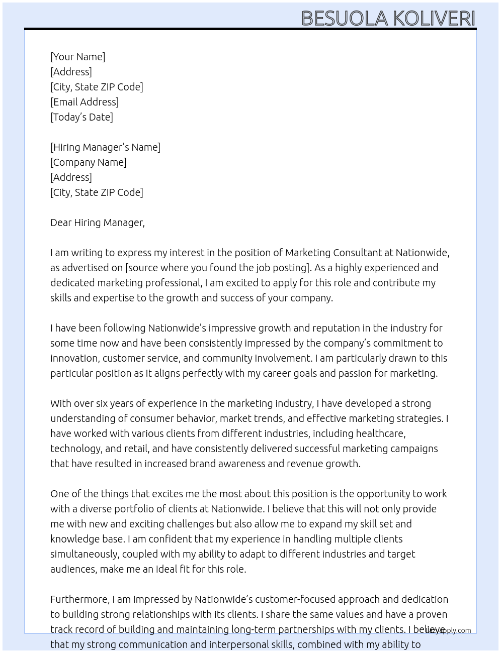 Marketing consultant At Nationwide Cover Letter