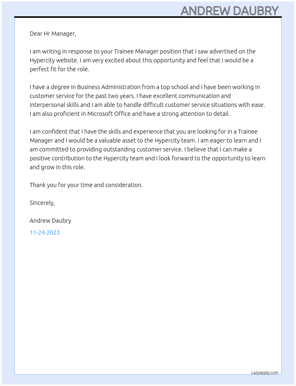 Trainee Manager At Hypercity Cover Letter