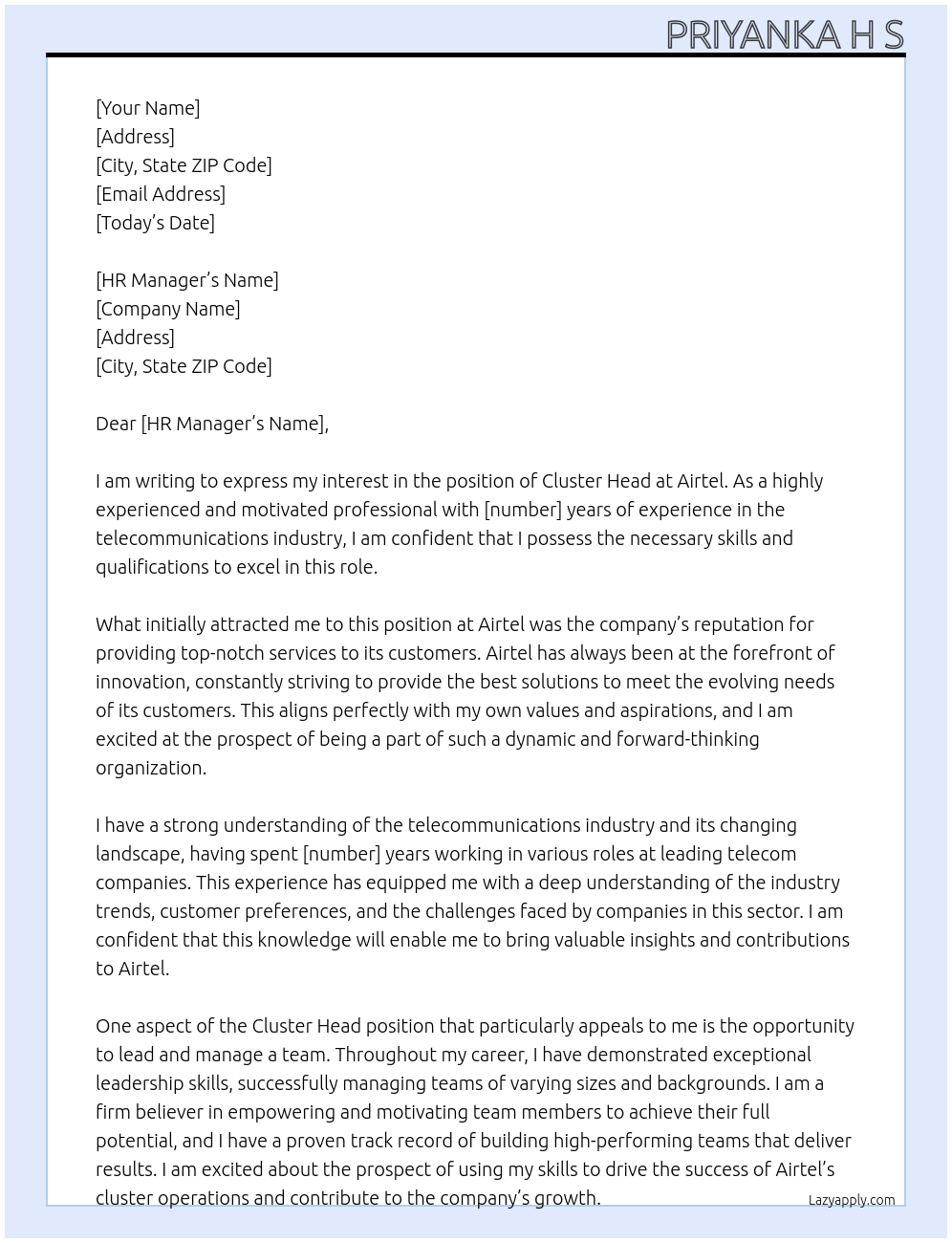 Cluster head At Airtel Cover Letter