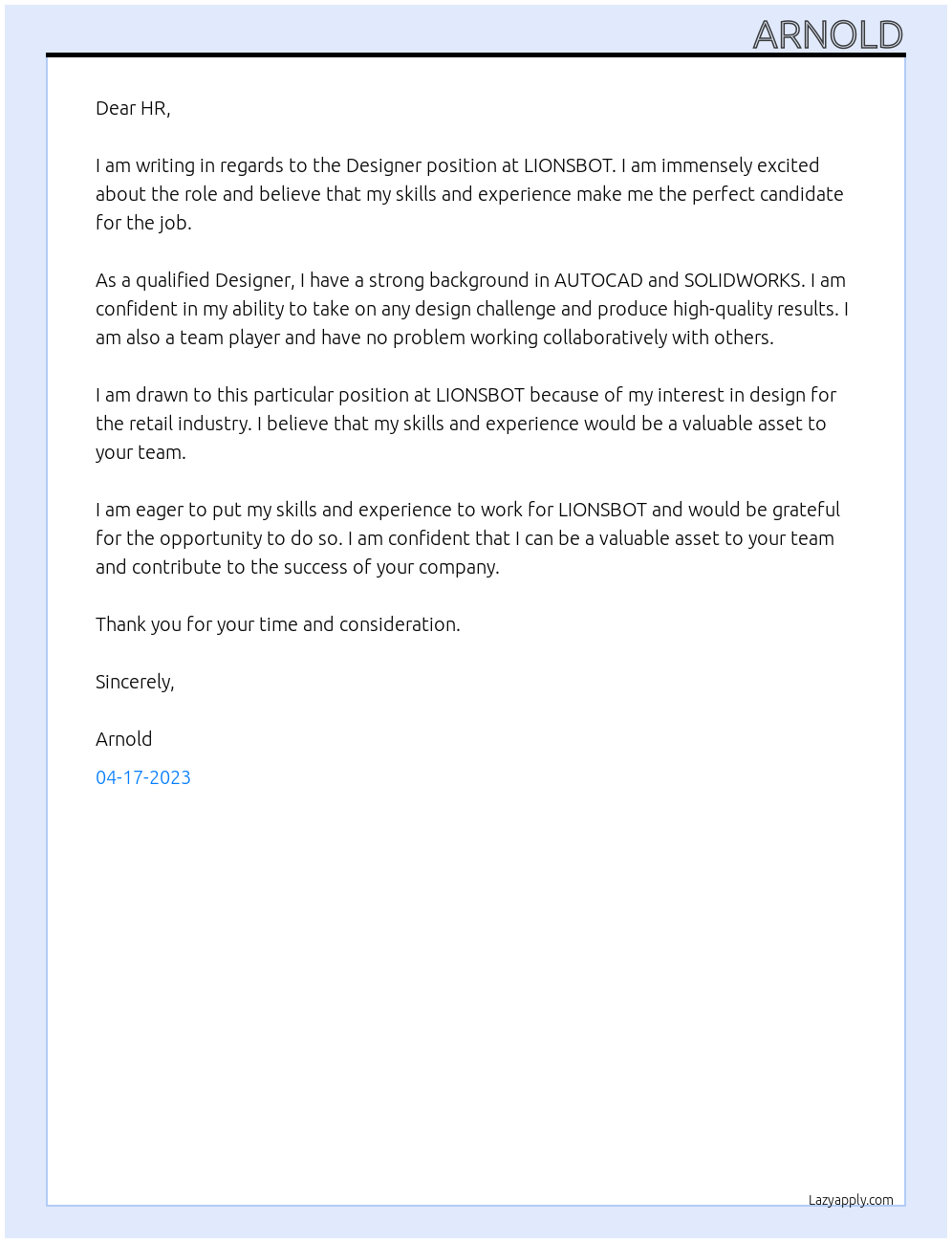 Designer At LIONSBOT Cover Letter