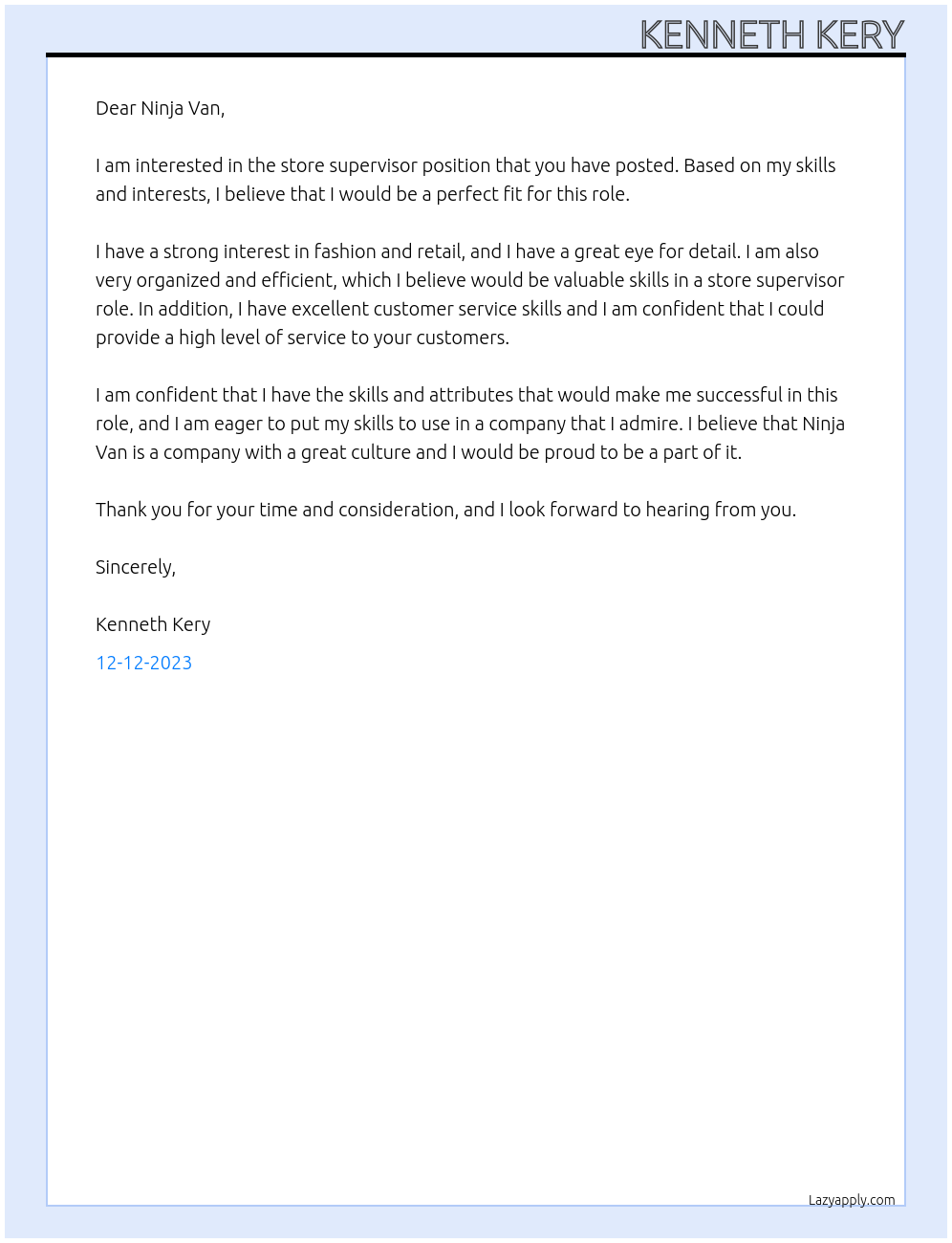 Store supervisor At Ninja Van Cover Letter