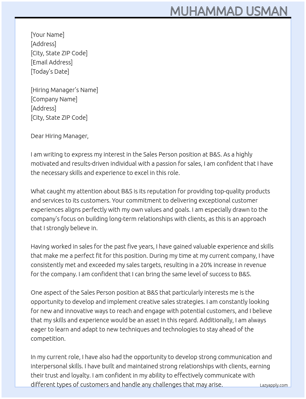 Sales person At B&S Cover Letter