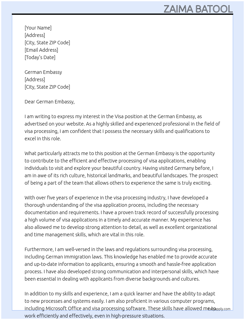 visa At German Embassy Cover Letter